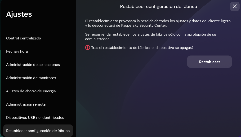 Captura de pantalla de la ventana de restablecimiento de ajustes fábrica del dispositivo en la interfaz de Kaspersky Thin Client.
