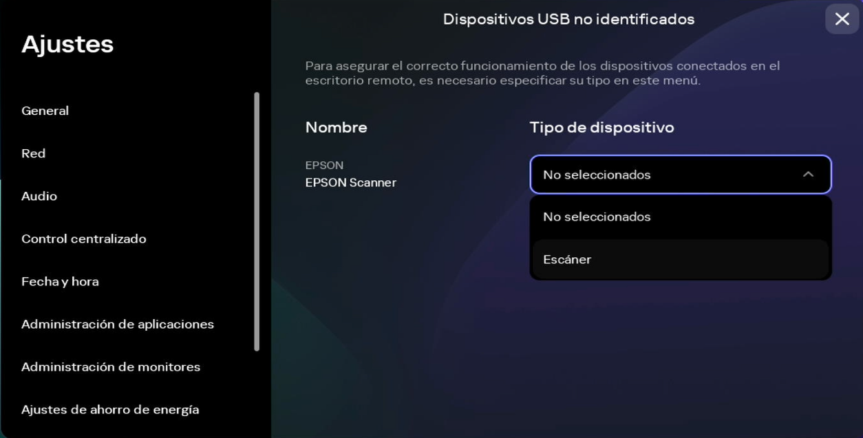 Captura de pantalla de la ventana Dispositivos USB no identificados que contiene una lista de dispositivos cuyo tipo el sistema operativo no pudo identificar.