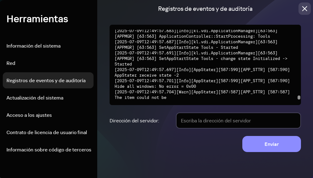 Captura de pantalla de la ventana para reenviar registros de eventos y auditoría a un servidor de registros.