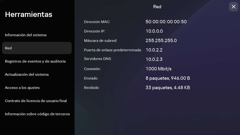 Ventana para configurar los ajustes de la red.