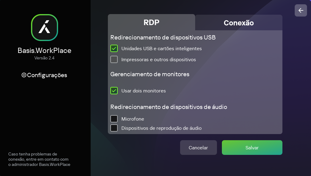 Captura de tela da janela para configurar uma conexão RDP com um ambiente remoto na infraestrutura Basis.WorkPlace.