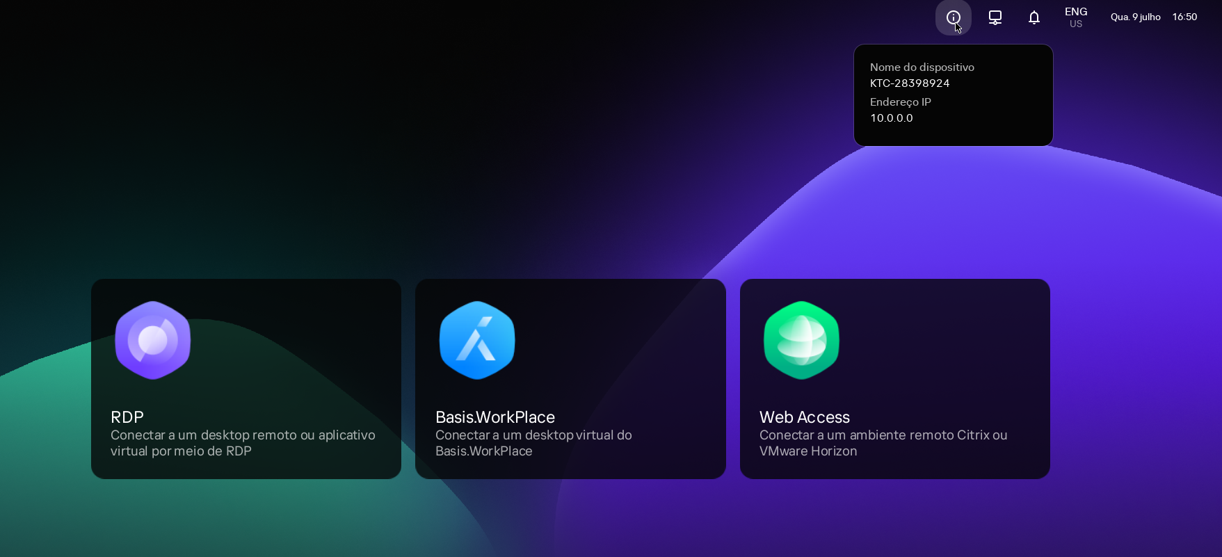 Captura de tela do desktop do thin client onde sua janela de informações está aberta. A janela exibe o nome e o endereço IP do dispositivo.