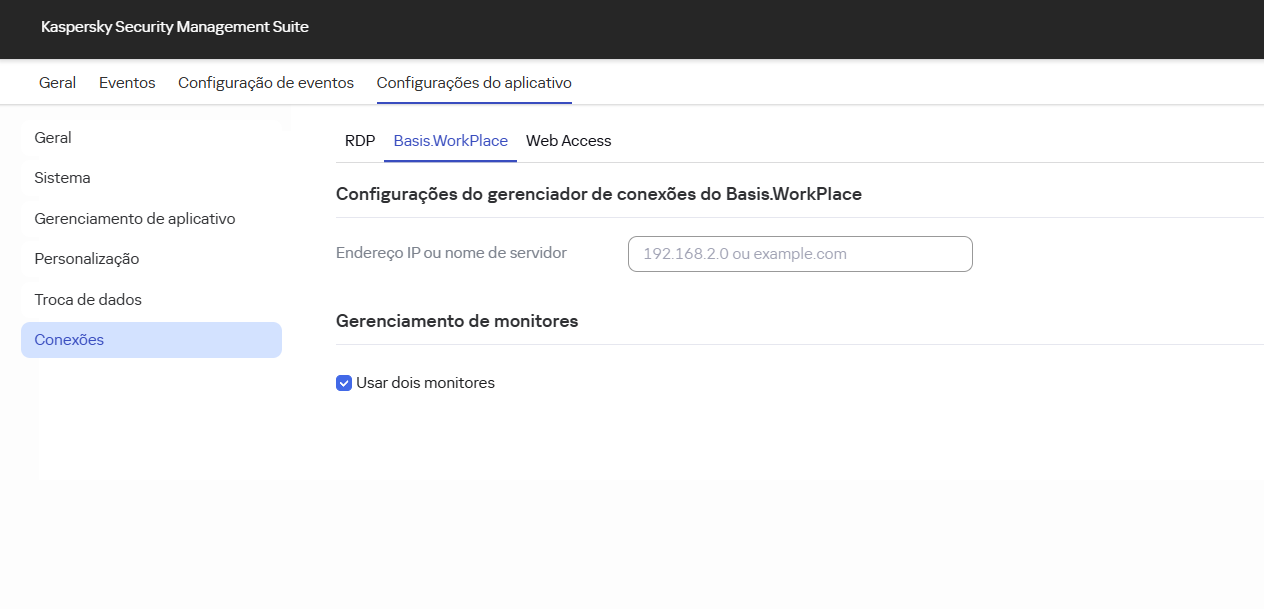 Captura de tela da janela para configurar uma conexão com um ambiente remoto no aplicativo Basis.WorkPlace para um dispositivo por meio do Web Console.