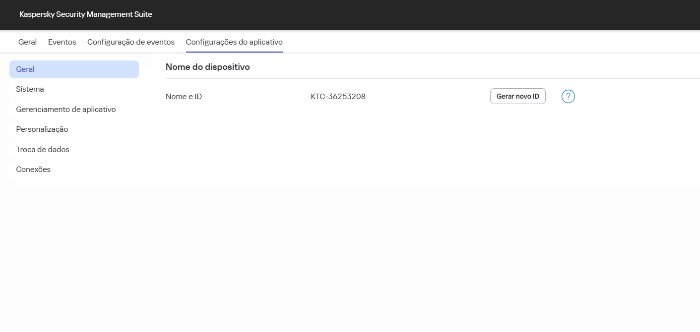 Captura de tela da janela do Web Console que exibe as configurações de ID do dispositivo.