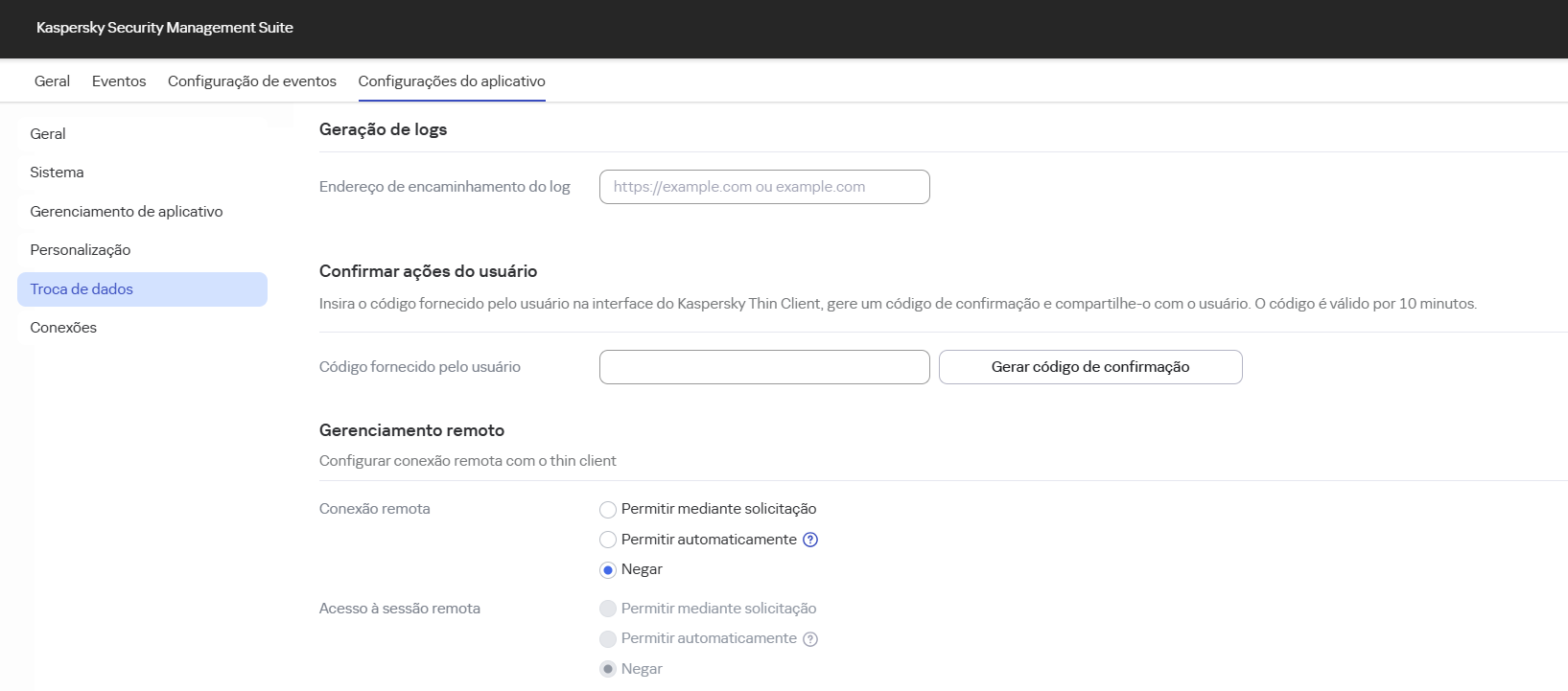 Captura de tela da janela para configurar o encaminhamento de logs do Kaspersky Thin Client pelo Web Console para um dispositivo.