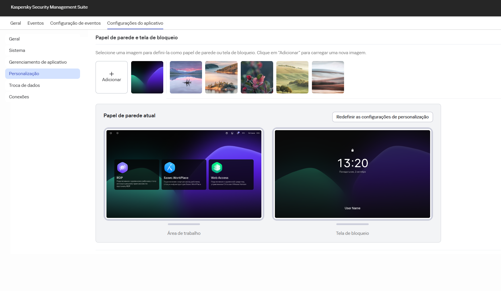Captura de tela da janela para definir as configurações de personalização do Kaspersky Thin Client para um dispositivo por meio do Web Console.