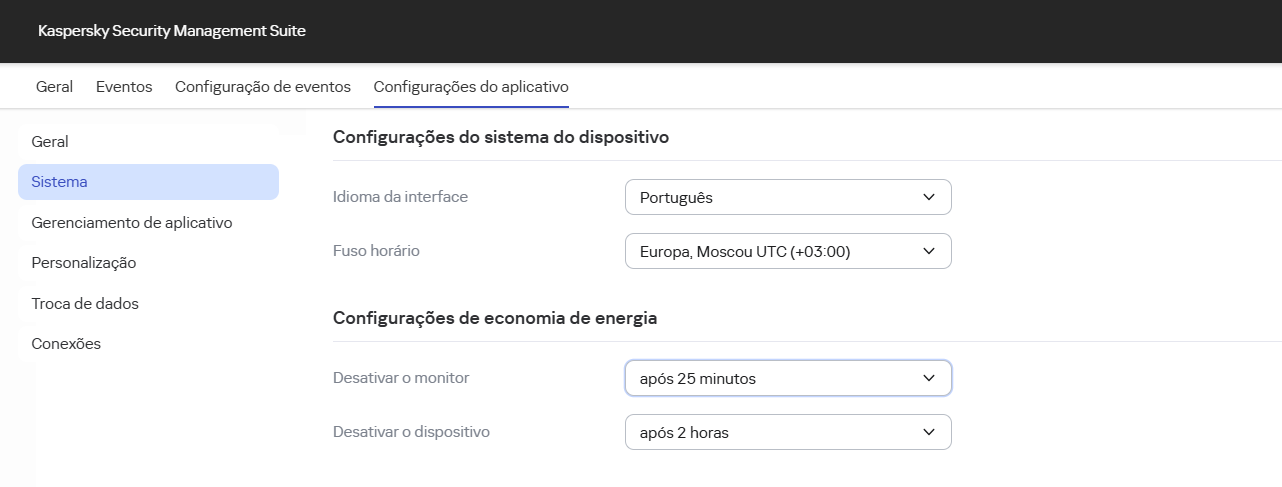 Captura de tela da janela para definir as configurações do sistema do Kaspersky Thin Client por meio do Web Console para um dispositivo.
