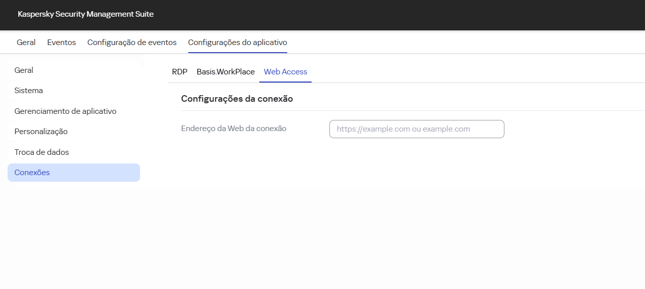 Captura de tela da janela de configuração para conexão com um ambiente remoto no Web Access pelo Web Console.