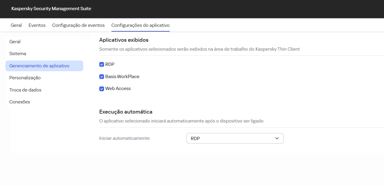 Captura de tela da janela de configurações de gerenciamento de aplicativo.