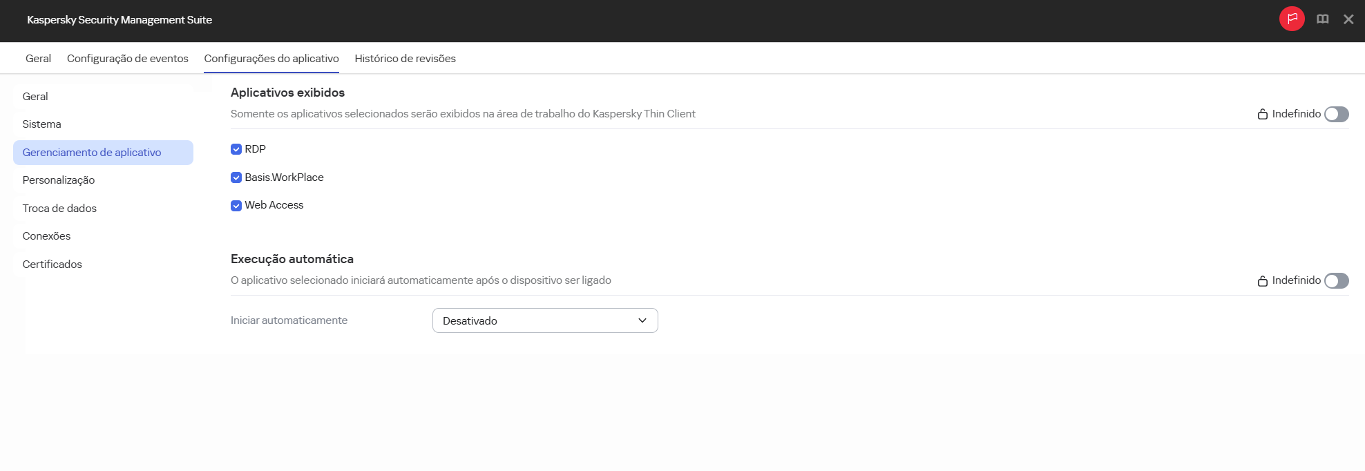 Captura de tela da janela para configurar a inicialização automática e a exibição de aplicativos para dispositivos em um grupo de administração por meio do Web Console.