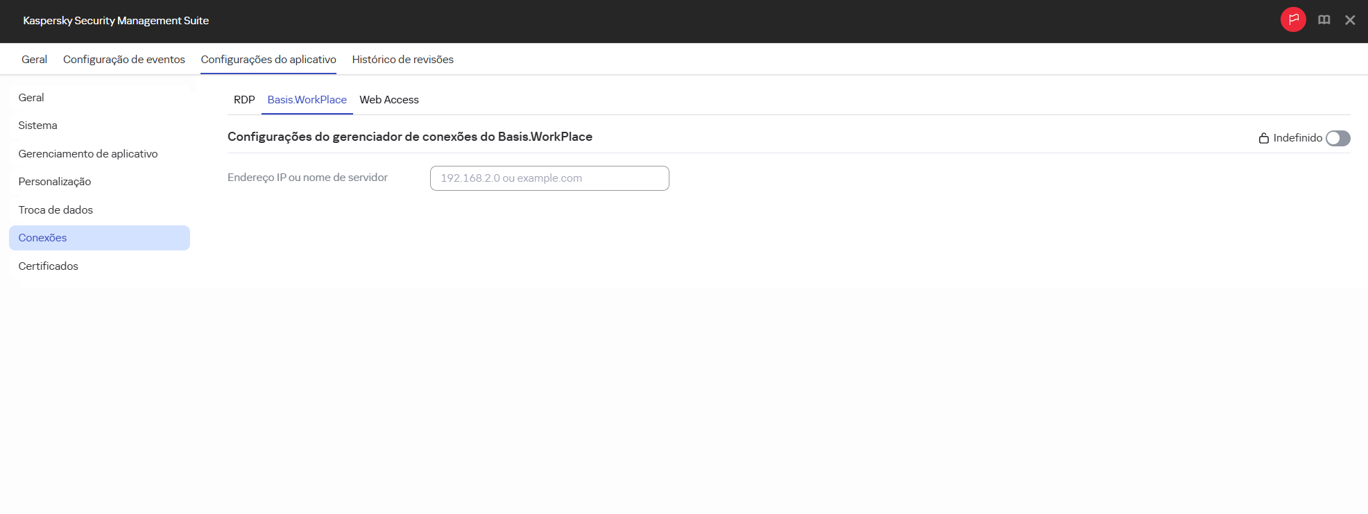 Captura de tela da janela para configurar uma conexão com um ambiente remoto no aplicativo Basis.WorkPlace para dispositivos em um grupo de administração por meio do Web Console