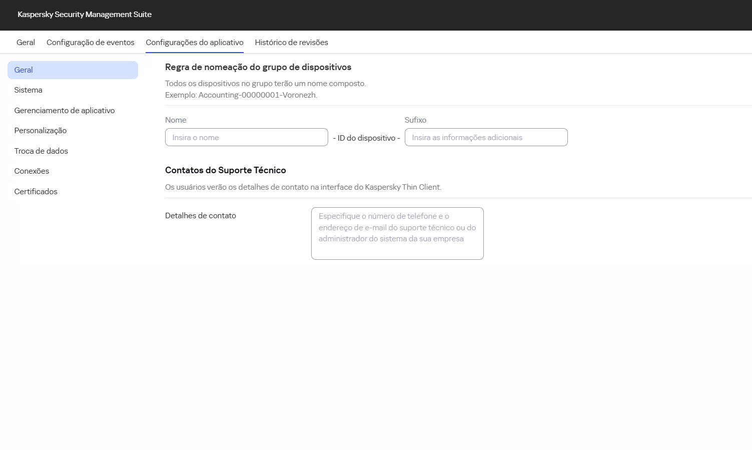 Captura de tela da janela para definir as configurações principais para thin clients em um grupo de administração por meio do Web Console.