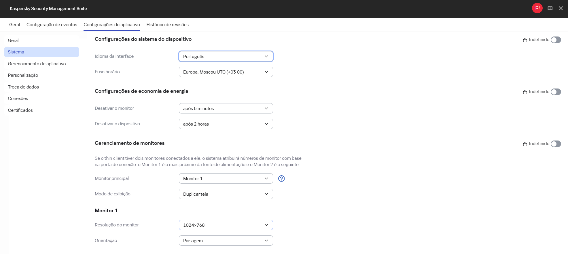 Captura de tela da janela para configurar monitores para dispositivos em um grupo de administração por meio do Web Console.