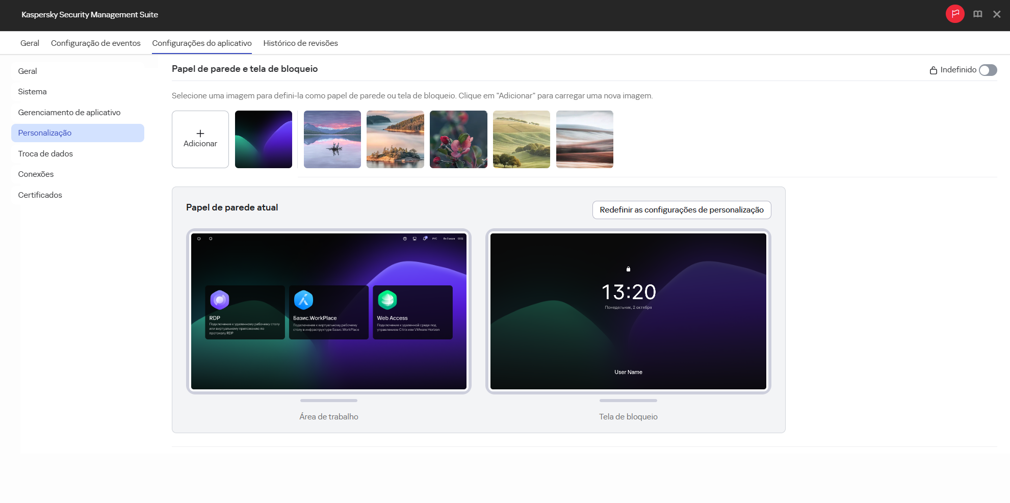 Captura de tela da janela para definir as configurações de personalização do Kaspersky Thin Client para thin clients em um grupo de administração por meio do Web Console.