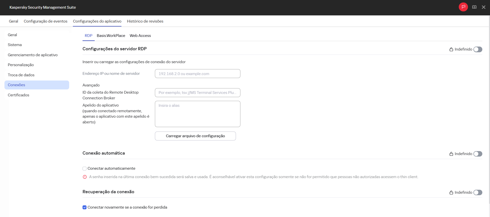 Captura de tela da janela para configurar uma conexão com um ambiente remoto no aplicativo RDP para dispositivos em um grupo de administração por meio do Web Console.