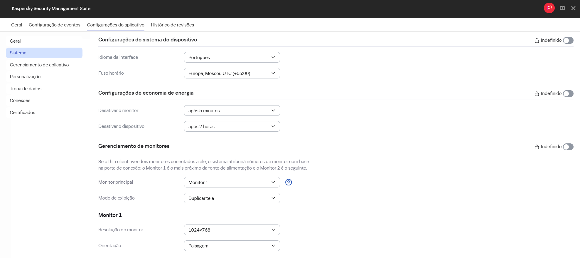 Captura de tela para configurar o sistema para thin clients em um grupo de administração por meio do Web Console.