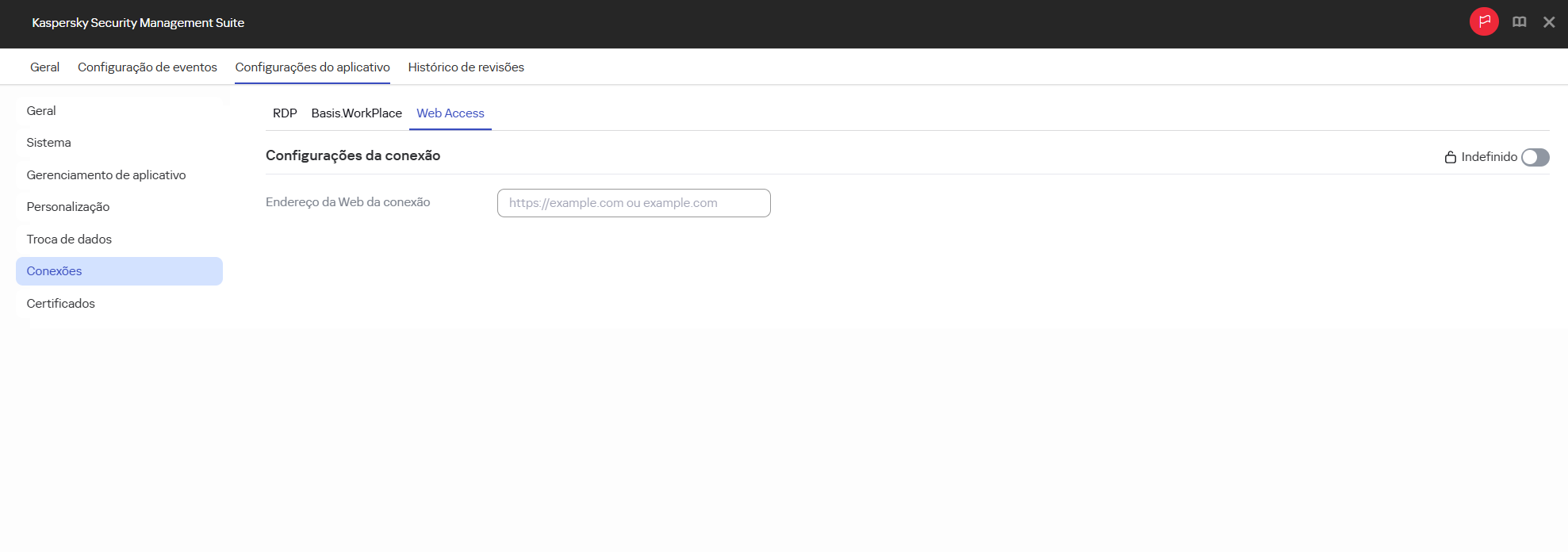 Captura de tela da janela para configurar uma conexão com um ambiente remoto no aplicativo Web Access para dispositivos em um grupo de administração por meio do Web Console.