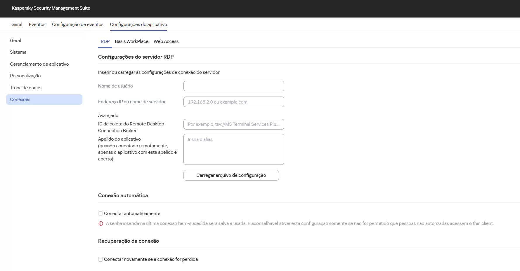 Captura de tela da janela para configurar a conexão com um ambiente remoto no aplicativo RDP para um dispositivo por meio do Web Console.