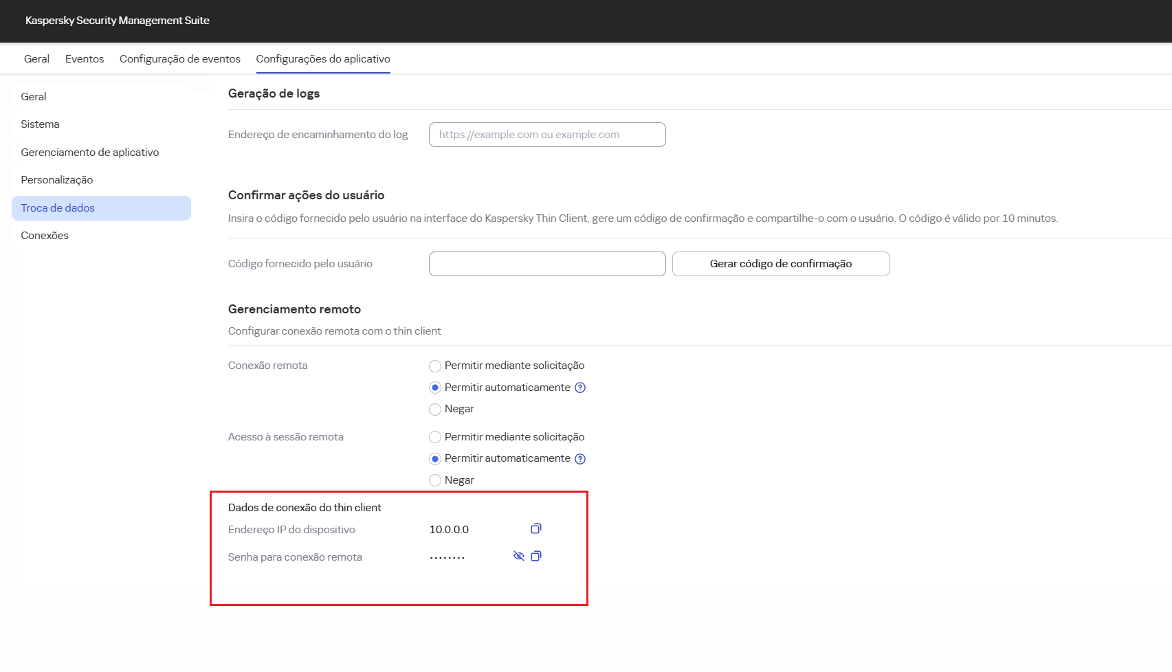 Captura de tela da janela de configuração para conexão remota com um thin client no Web Console.