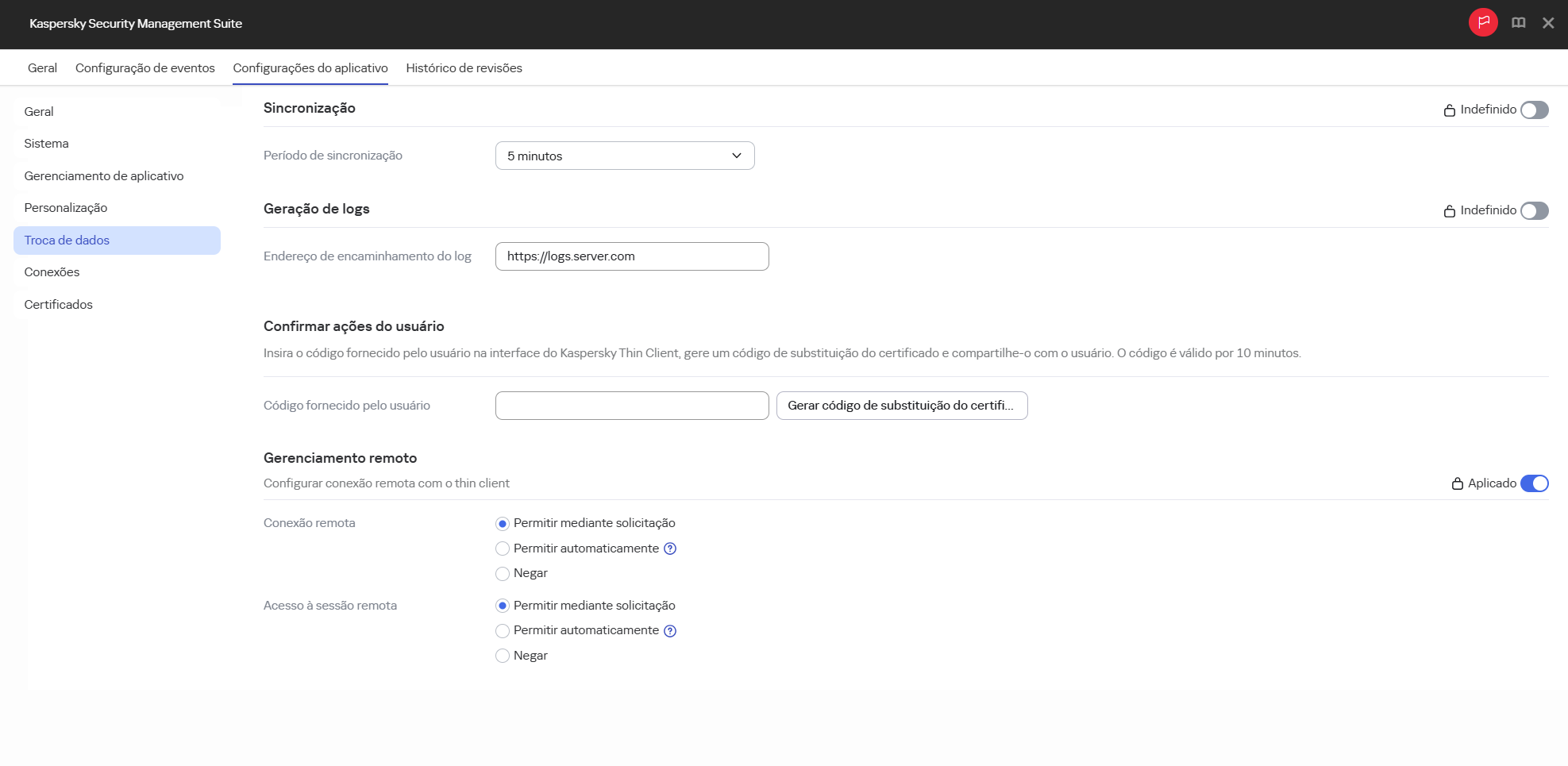Captura de tela da janela de configurações de gerenciamento do thin client remoto para dispositivos em um grupo de administração por meio do Web Console.