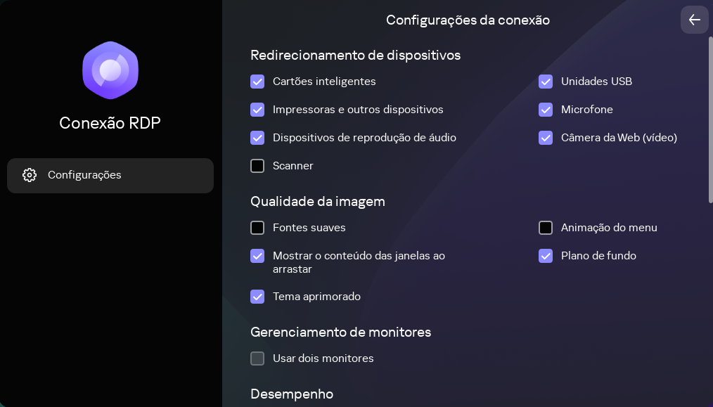 Captura de tela da janela de configurações da conexão no aplicativo RDP.