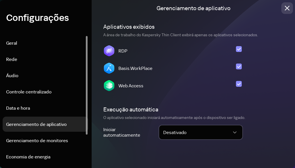 Captura de tela da janela de inicialização automática e configurações do aplicativo.