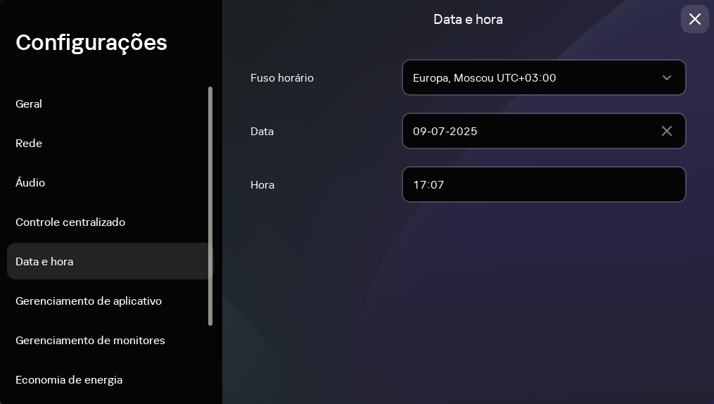 Captura de tela da janela para configurar a data e hora na interface do Kaspersky Thin Client.