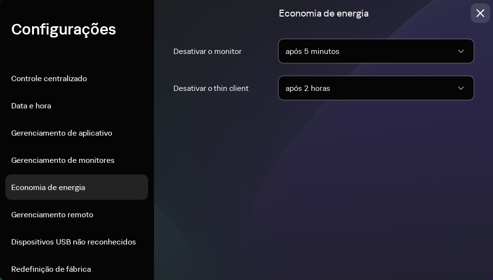 Captura de tela da janela de configurações de economia de energia na interface do Kaspersky Thin Client.