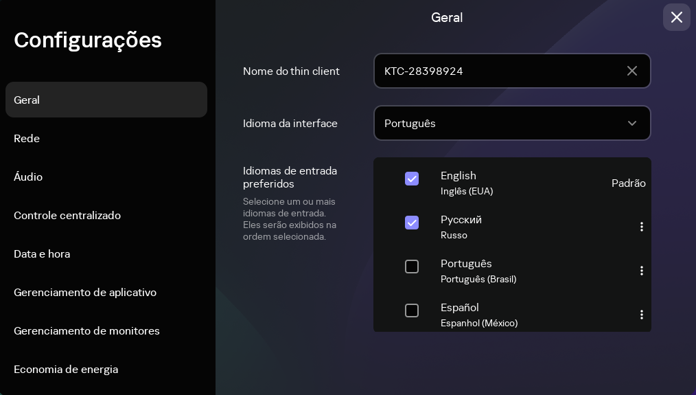 Captura de tela da janela para definir as configurações gerais do Kaspersky Thin Client.