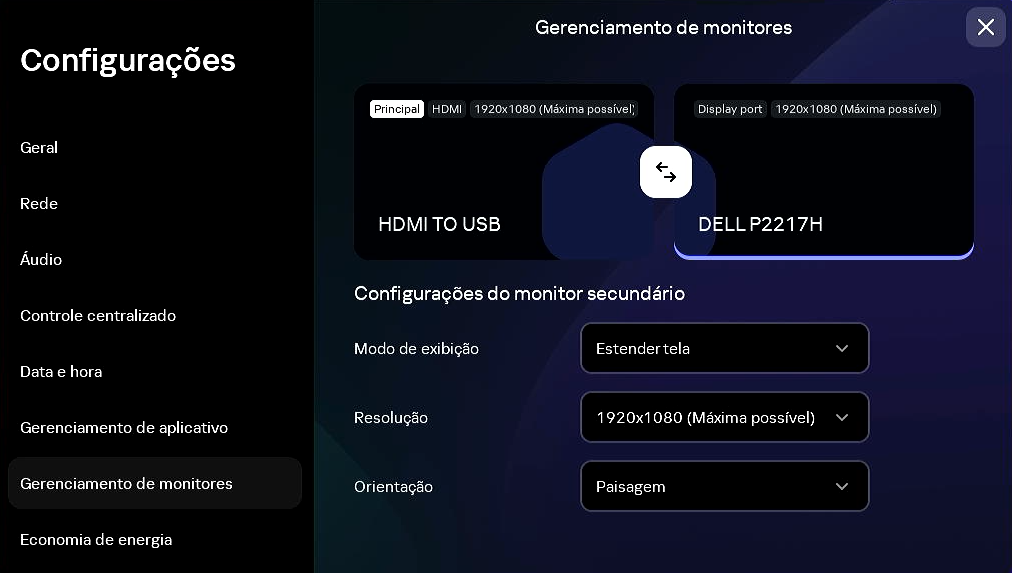 Configuração de monitores e parâmetros de tela.
