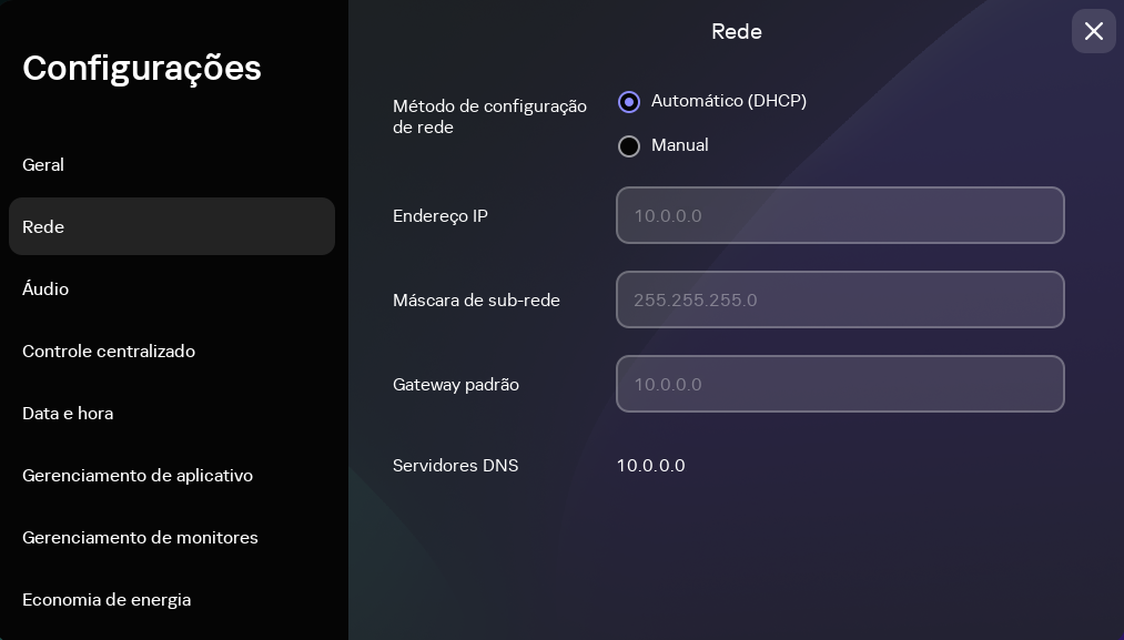 Captura de tela da janela de configurações de rede do Kaspersky Thin Client.