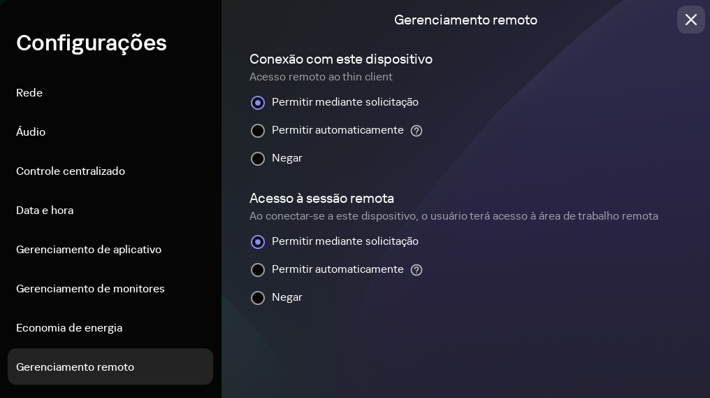 Captura de tela da janela de configurações de gerenciamento remoto do thin client.