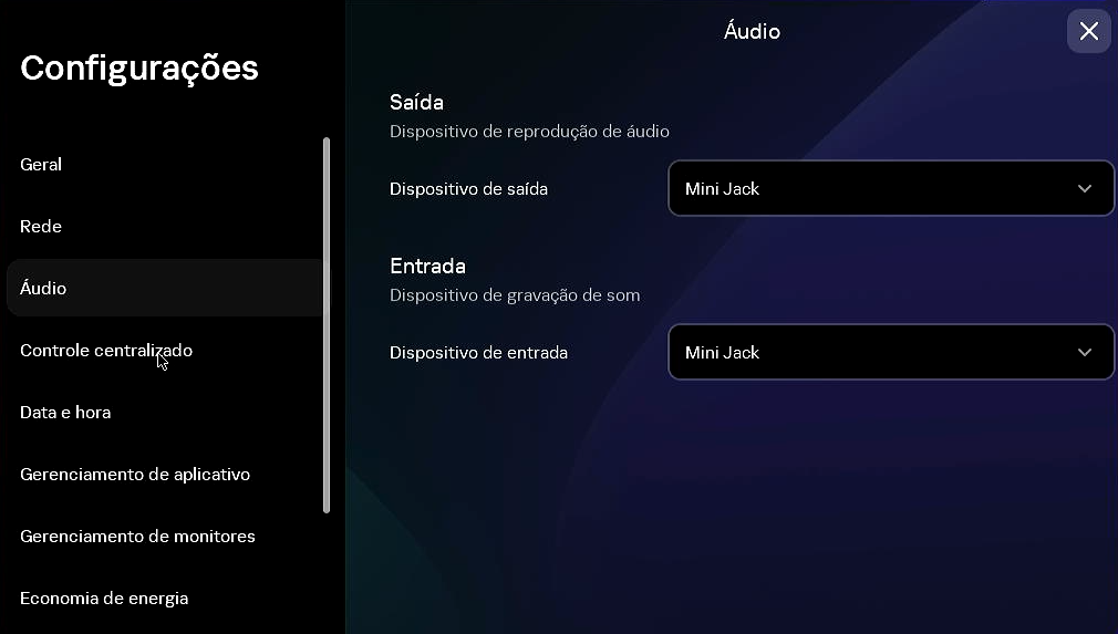 Captura de tela da janela para configurar dispositivos de gravação e reprodução de áudio.