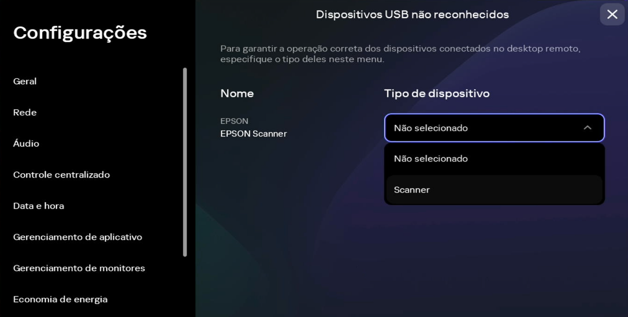 Captura de tela da janela Dispositivos USB não reconhecidos que contém uma lista de dispositivos cujos tipos não foram reconhecidos pelo sistema.