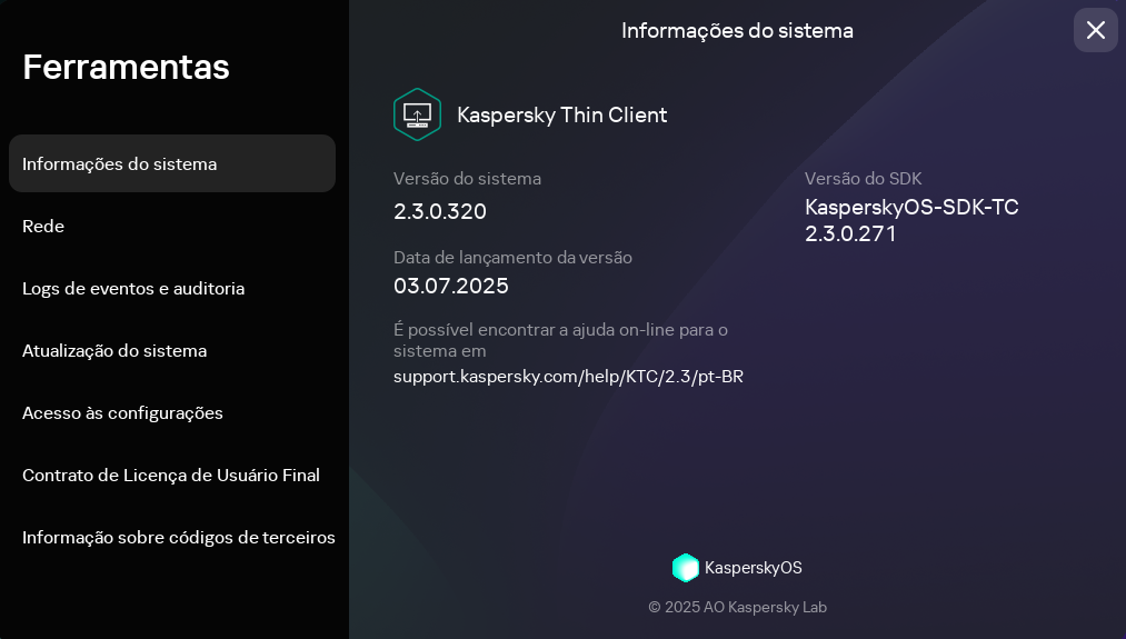 Captura de tela da janela contendo as informações sobre o Kaspersky Thin Client