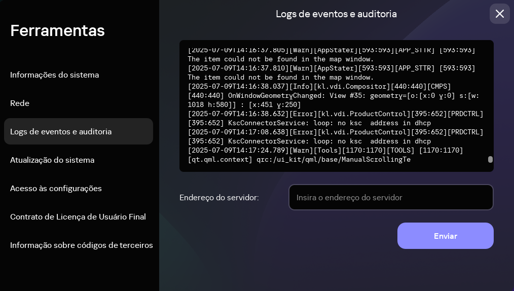 Captura de tela da janela para encaminhar logs de eventos e auditoria para um servidor de log.