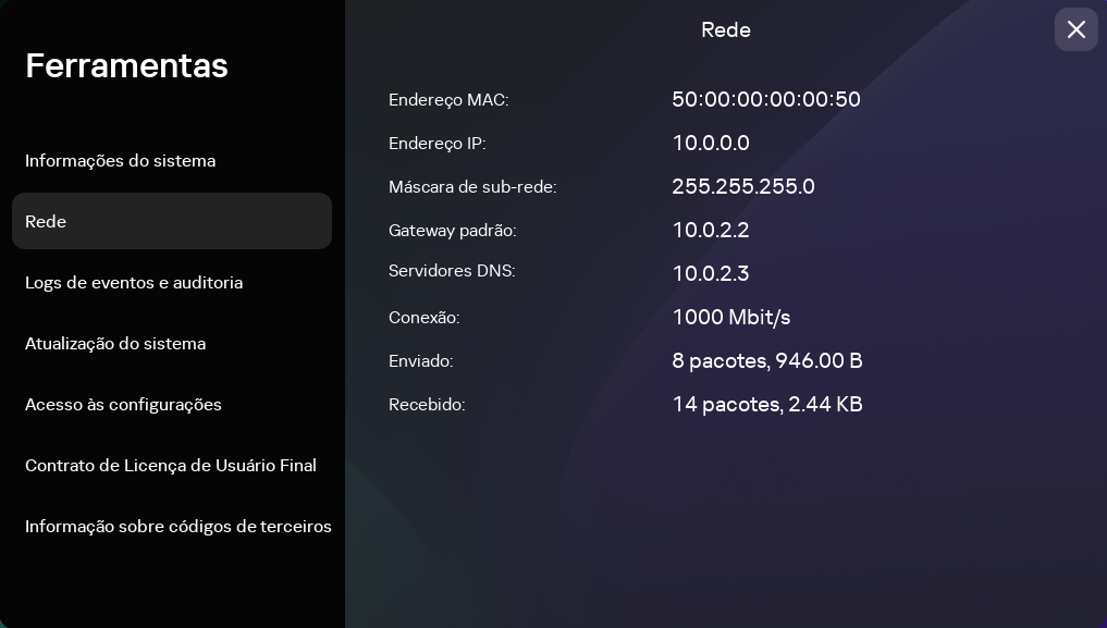 Janela para definir as configurações de rede.