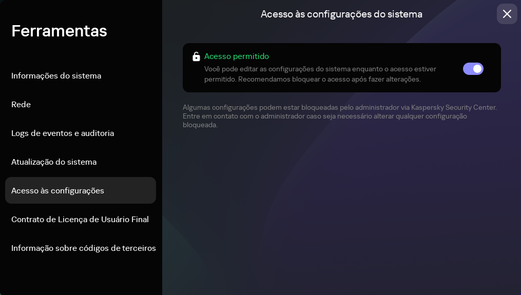 Captura de tela da janela para configurar o acesso às configurações do Kaspersky Thin Client.