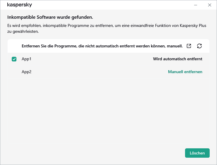 Fenster mit der Liste der inkompatiblen Apps