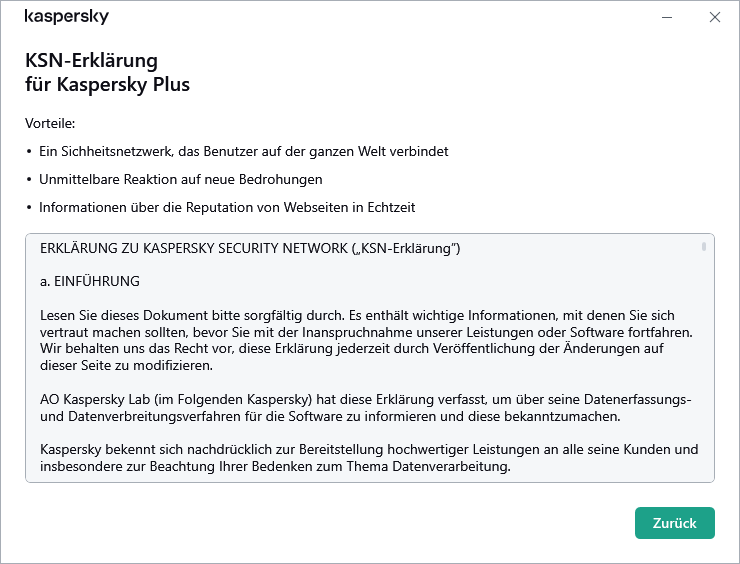 Fenster zur Bestätigung der Erklärung zu Kaspersky Security Network