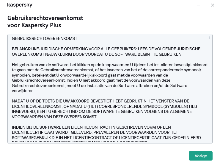 Het venster bevat de tekst van de Gebruiksrechtovereenkomst.