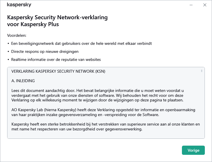 Het venster voor het accepteren van de Kaspersky Security Network-verklaring wordt geopend.