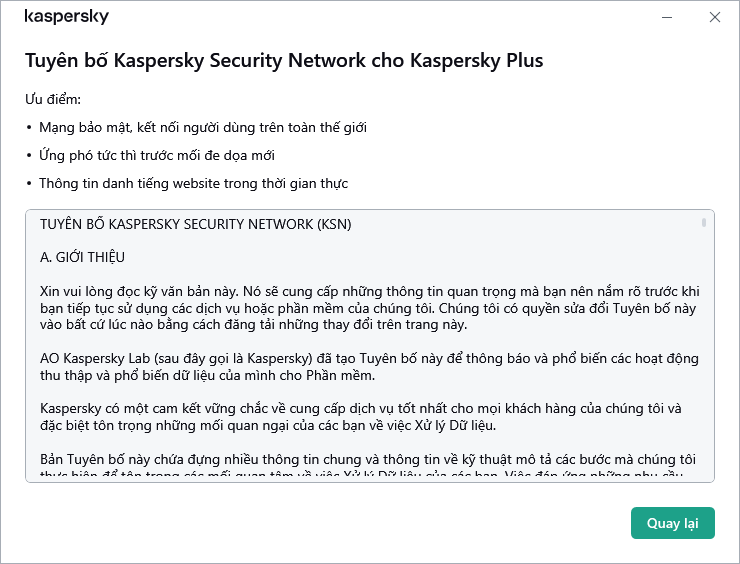 Cửa sổ chấp nhận Tuyên bố Kaspersky Security Network