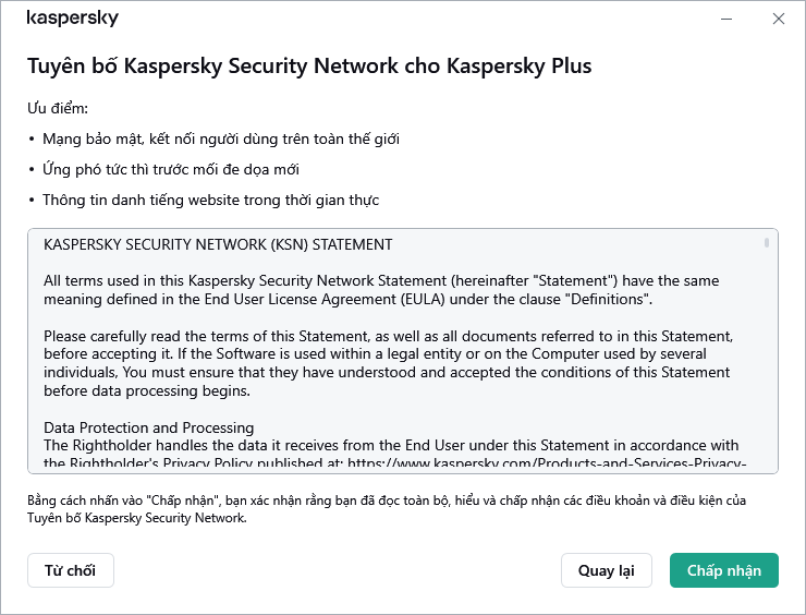 Cửa sổ chấp nhận Tuyên bố Kaspersky Security Network GDPR