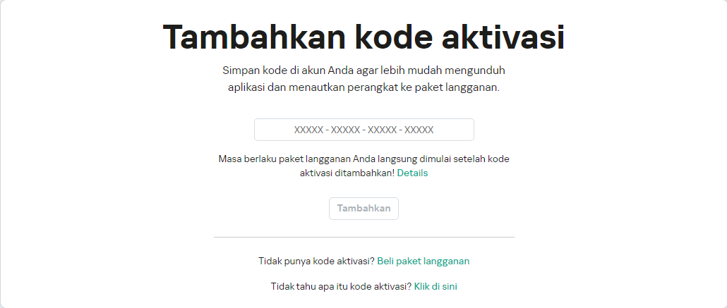Jendela untuk menambahkan kode aktivasi ke akun Anda