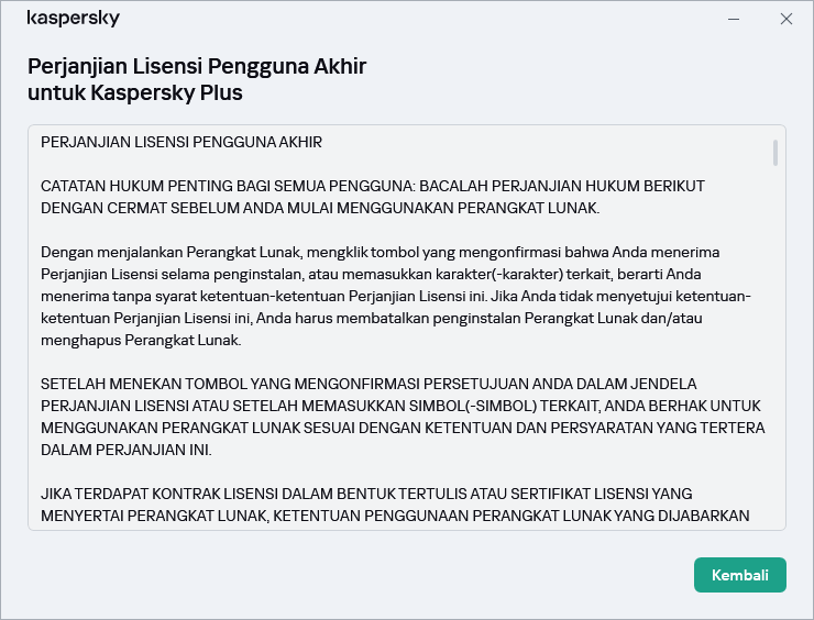 Jendela yang berisi teks Perjanjian Lisensi Pengguna Akhir