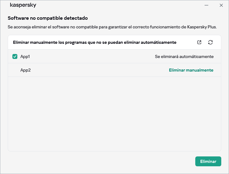 Ventana con la lista de aplicaciones incompatibles