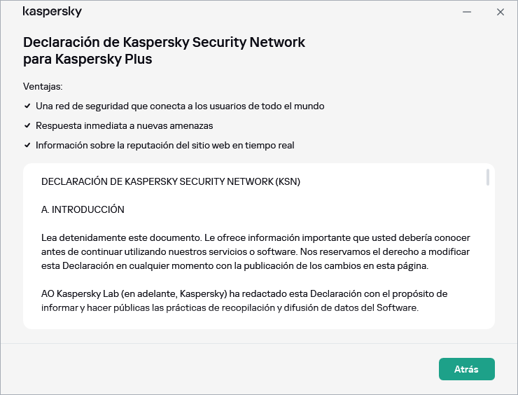 Ventana de aceptación de la declaración de Kaspersky Security Network.