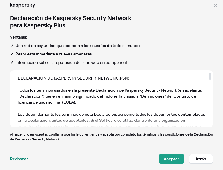 Ventana de aceptación de la declaración de Kaspersky Security Network de GDPR