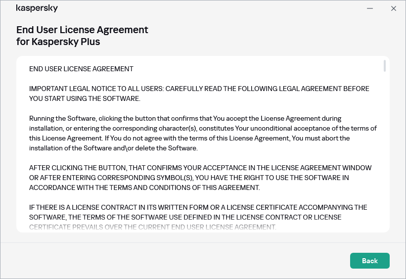 Window containing the text of the End User License Agreement